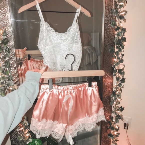 Pants - Pink Silk Shorts w Lace and White Bralette Set